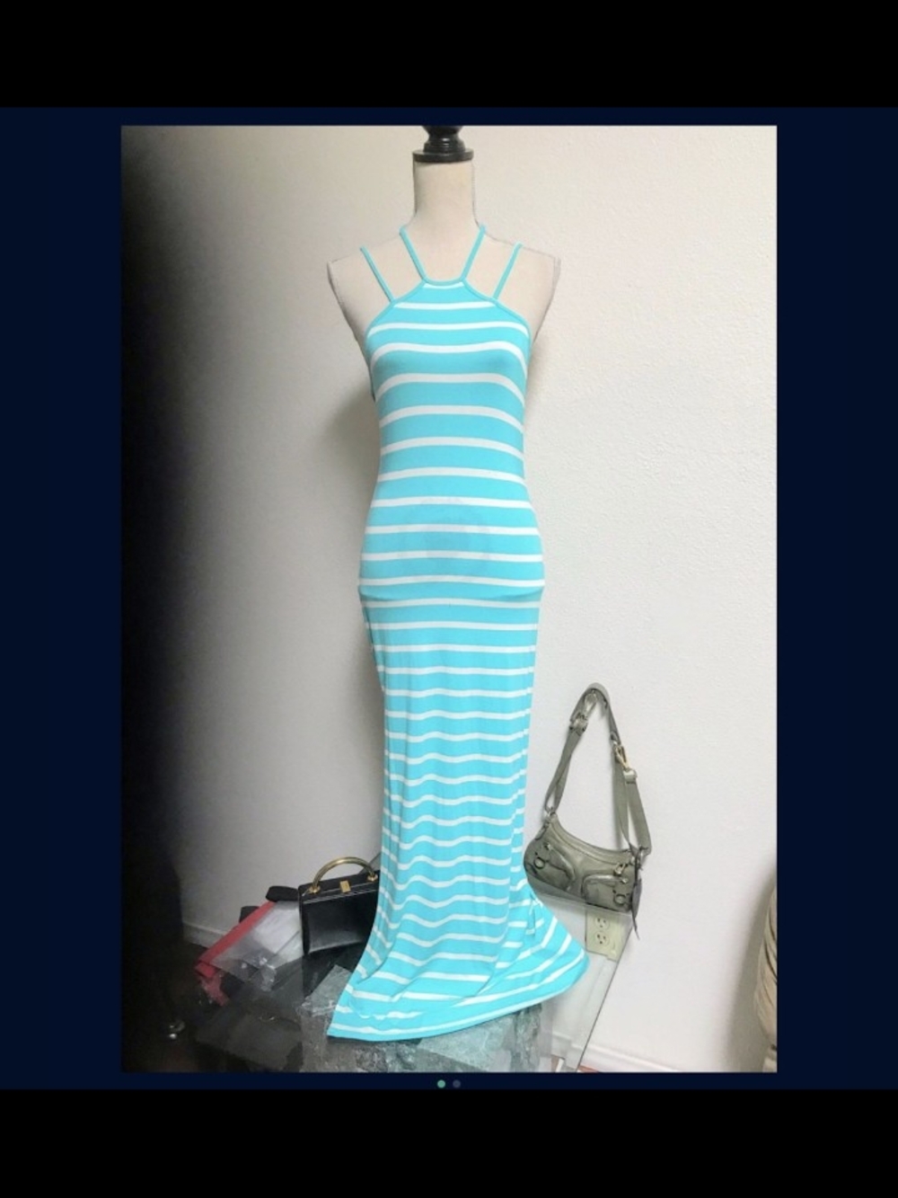 NWT Striped Halter Maxi Dress in Aqua and White | Med